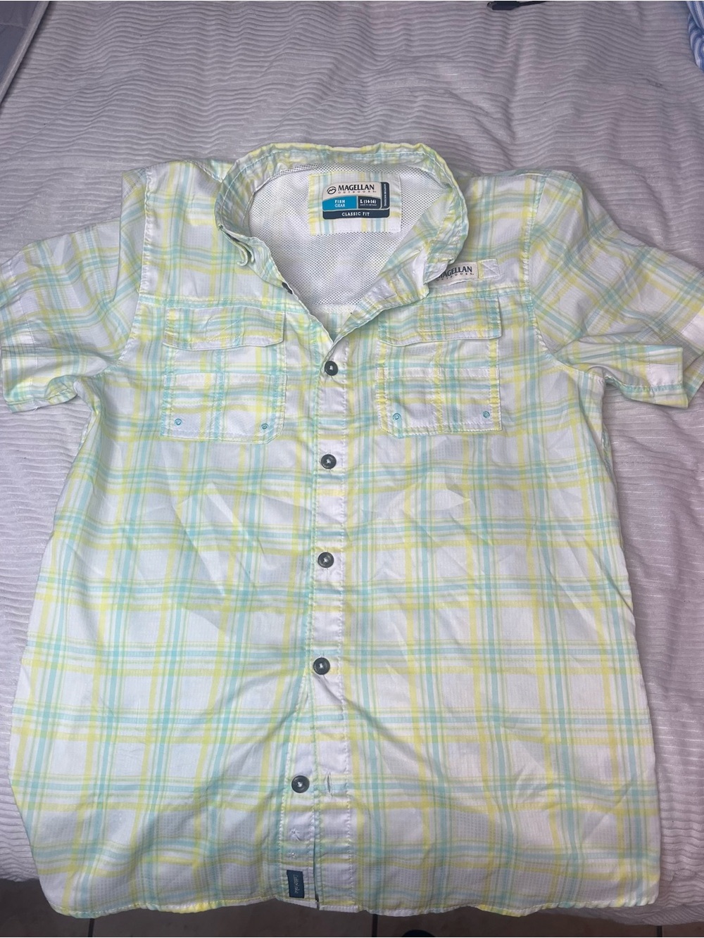 Magellan Outdoors Yellow and Light Blue Plaid Short-Sleeve Button-Down